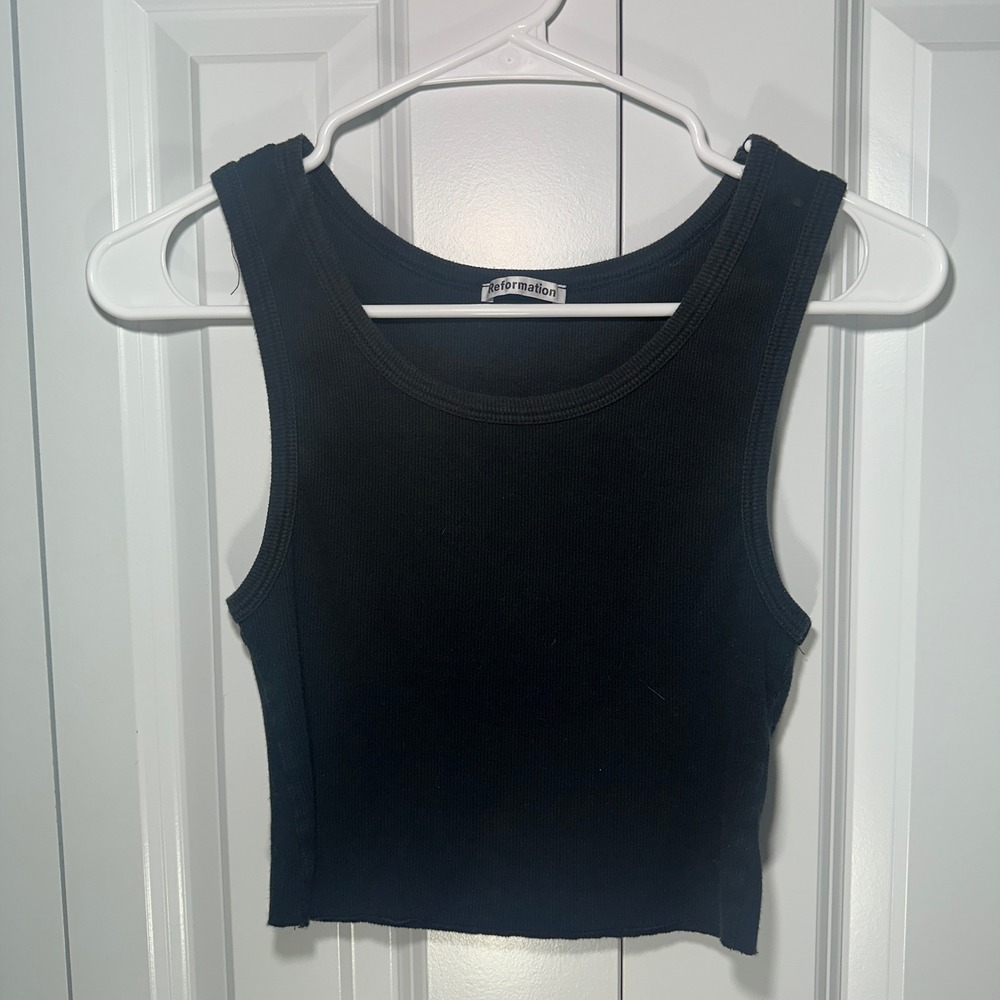 Reformation Tank Top Womens S Black Ribbed Knit Cropped Scoop Neck Sleeveless